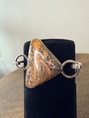 Silver Tone Bangle Bracelet With Leopard Skin Jasper Stone Bracelet